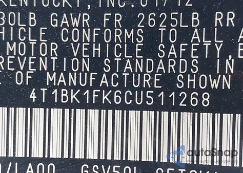 2012 Toyota Camry Xle V6 из США, поврежденный, VIN 4T1BK1FK6CU511268